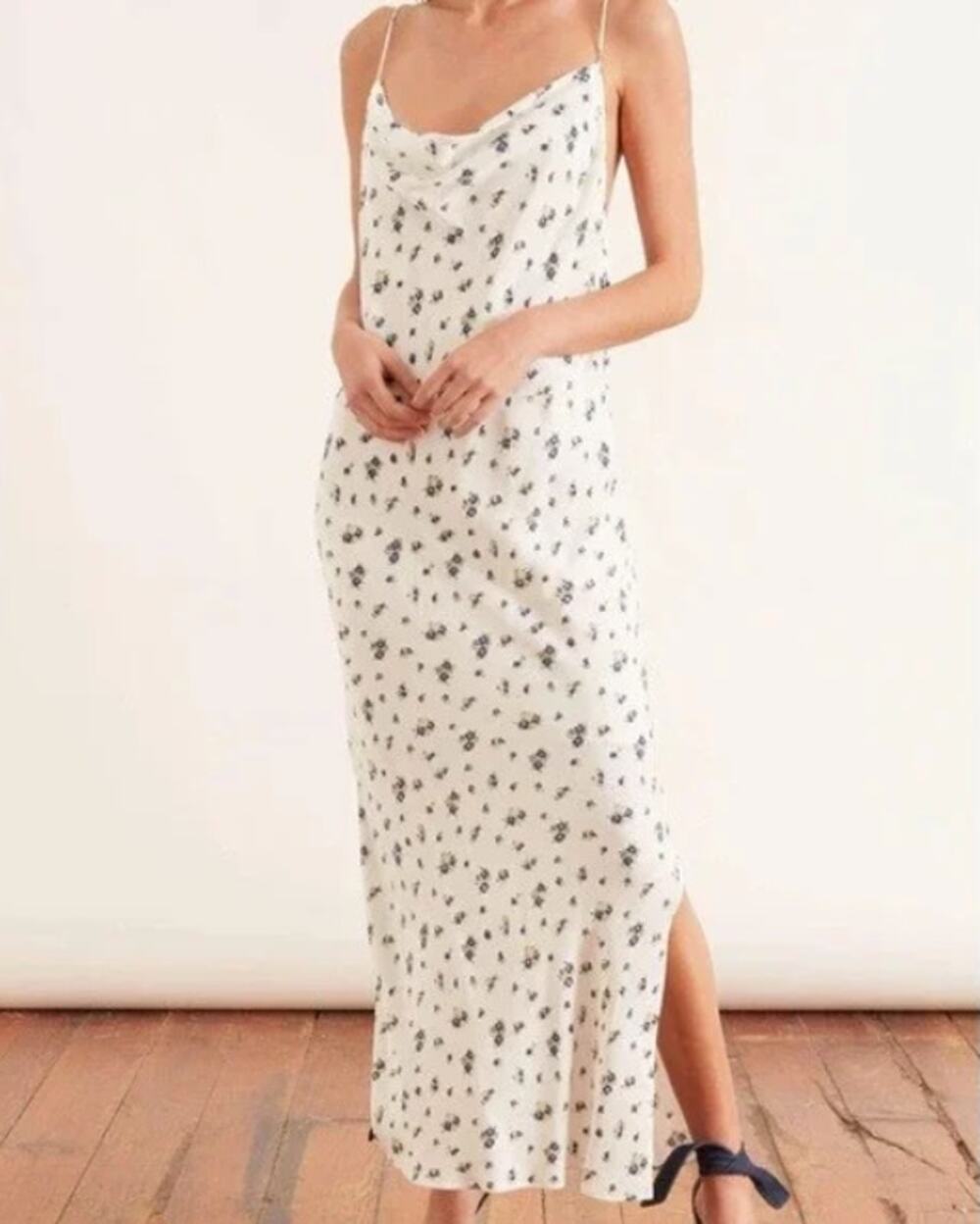 Samsøe Samsøe White Blue Floral Motif Chiffon Apples Slip Midi Dress Large